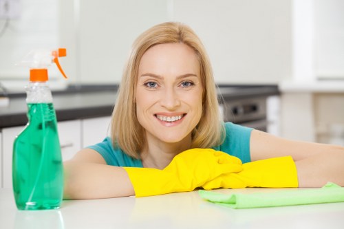 Professional home cleaner dusting a living room in Ruislip