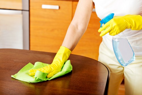 Cleaner using labelled products and protective gloves safely
